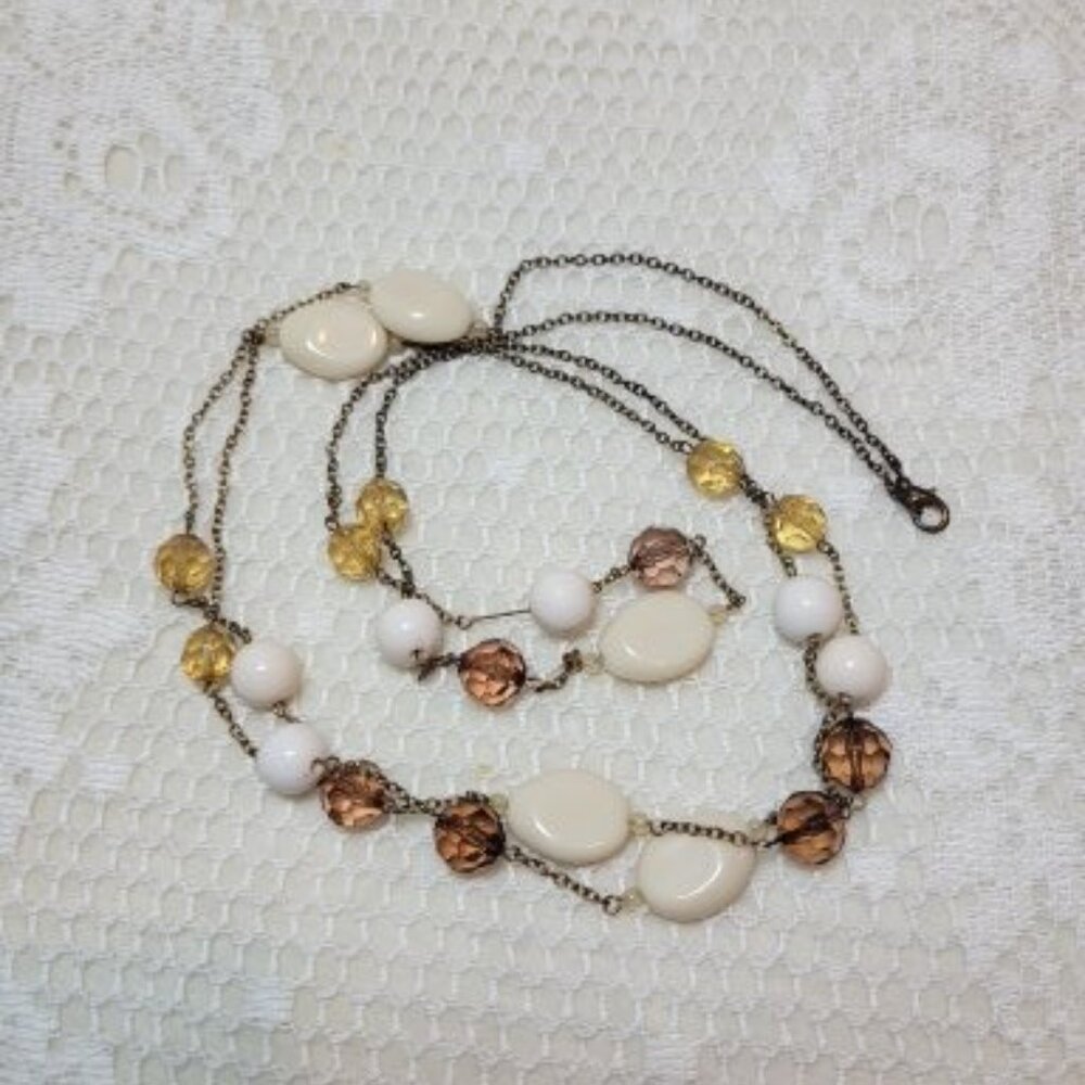🌿Earth Tone Amber BrownFaceted Multi-Color Beaded 30" Long Sweater Necklace